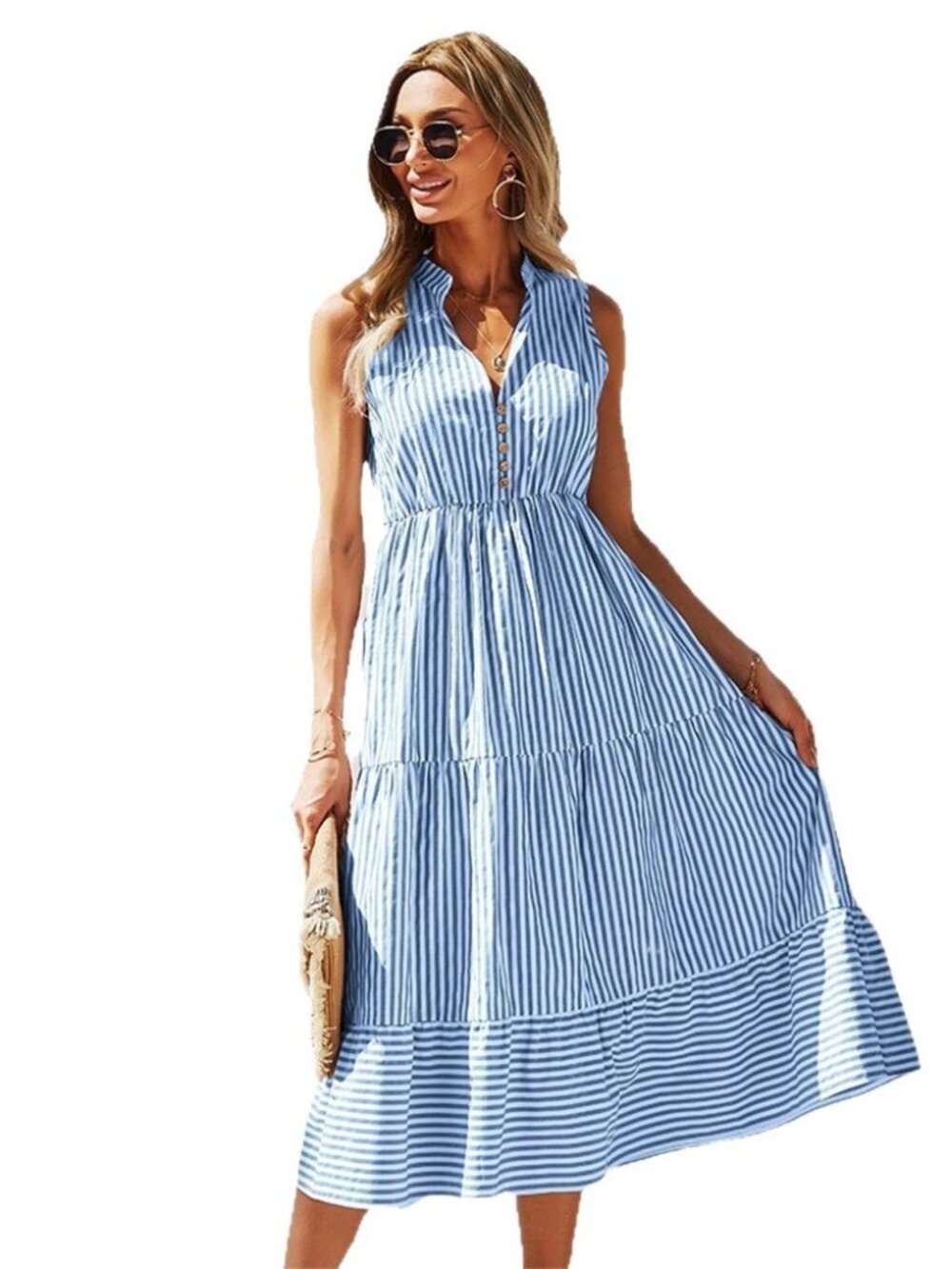 Women's Blue Striped Collared Sleeveless Tiered Midi Dress